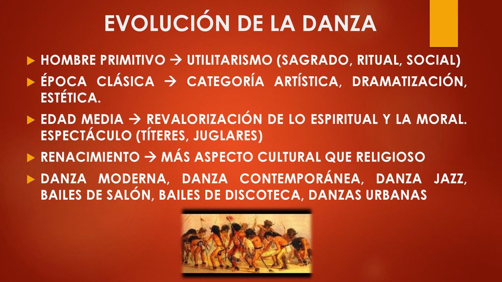 EVOLUCIÓN DE LA DANZA HOMBRE PRIMITIVO  UTILITARISMO (SAGRADO, RITUAL, SOCIAL) ÉPOCA CLÁSICA  CATEGORÍA ARTÍSTICA, DRAMATIZACIÓN, ESTÉTICA.