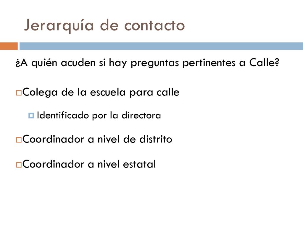 Jerarquía de contacto ¿A quién acuden si hay preguntas pertinentes a Calle Colega de la escuela para calle.