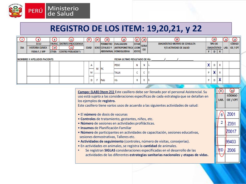 REGISTRO DE LOS ITEM: 19,20,21, y 22 X X X