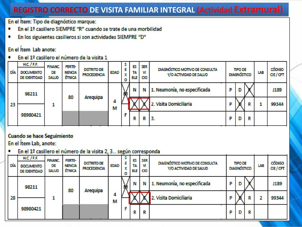 REGISTRO CORRECTO DE VISITA FAMILIAR INTEGRAL (Actividad Extramural)