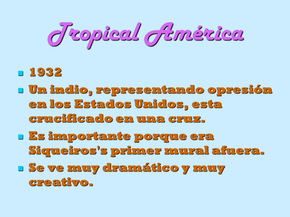 Tropical América Un indio, representando opresión en los Estados Unidos, esta crucificado en una cruz.