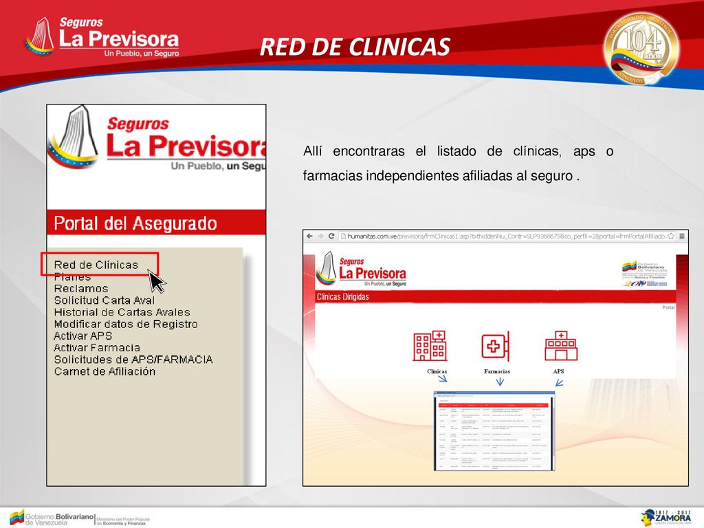 RED DE CLINICAS Allí encontraras el listado de clínicas, aps o farmacias independientes afiliadas al seguro .