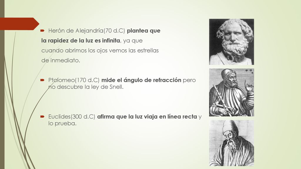 Historia de la luz Herón de Alejandría(70 d.C) plantea que