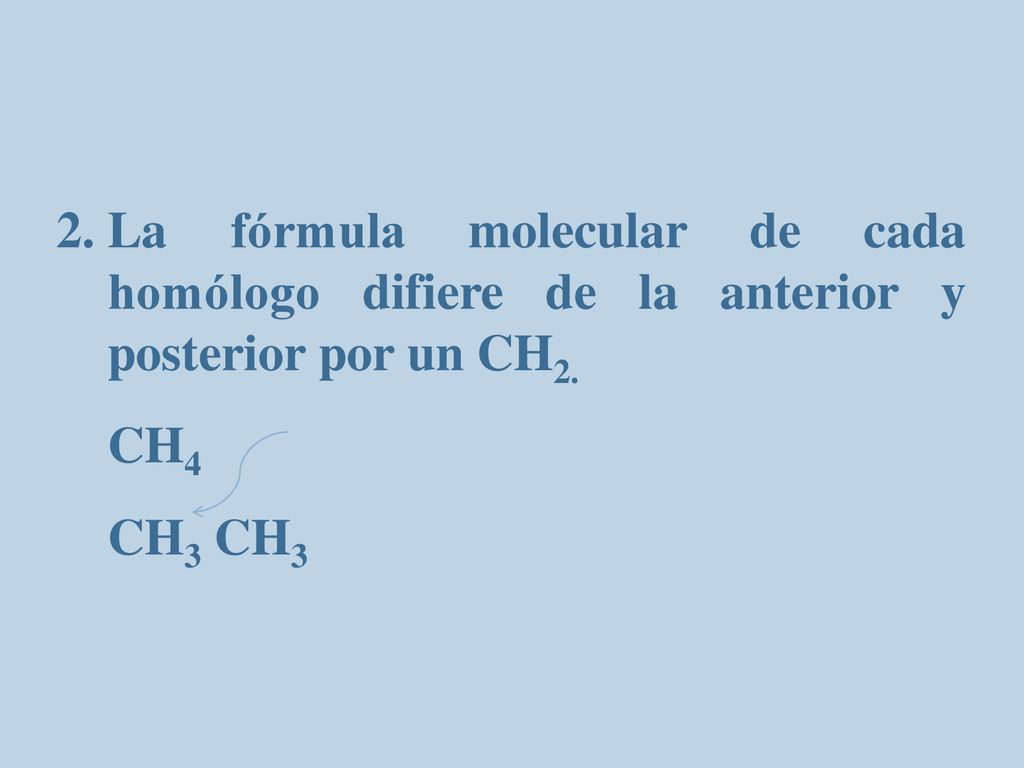 La fórmula molecular de cada homólogo difiere de la anterior y posterior por un CH2.