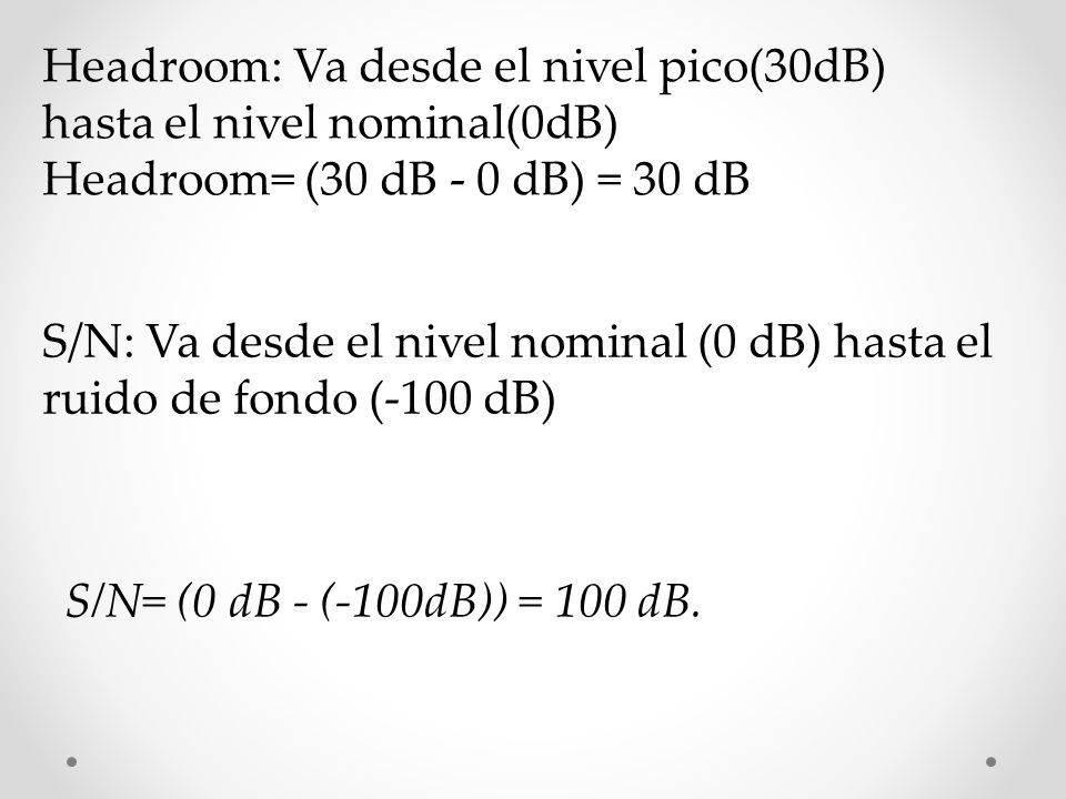 Headroom: Va desde el nivel pico(30dB) hasta el nivel nominal(0dB)
