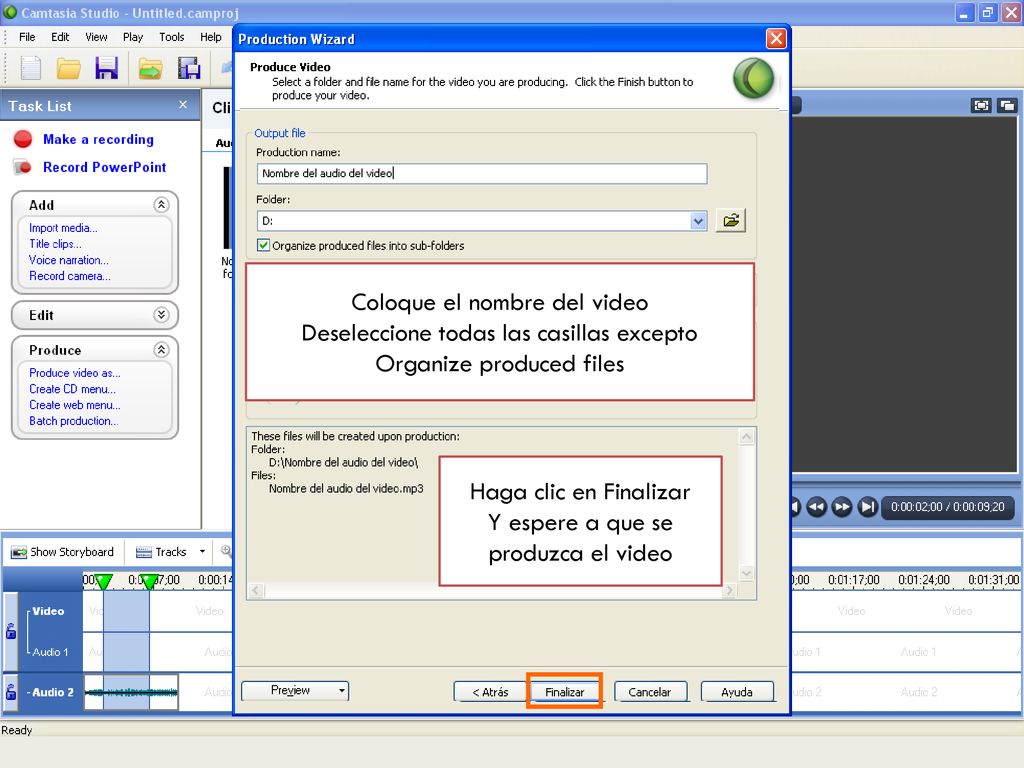Coloque el nombre del video Deseleccione todas las casillas excepto