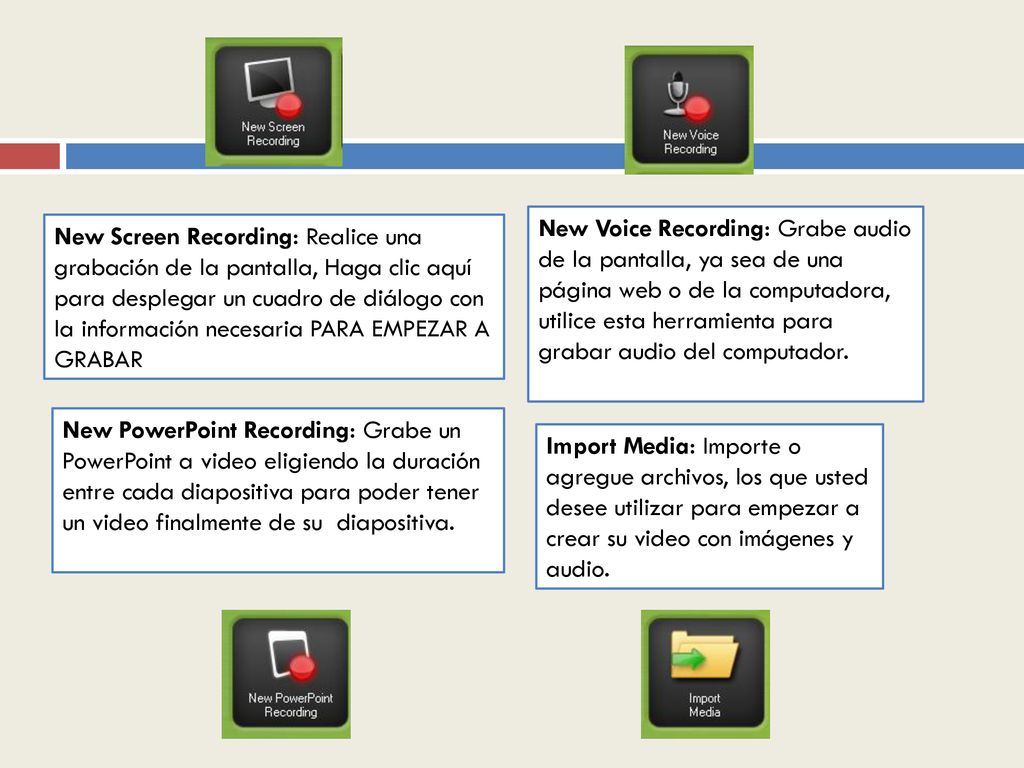New Voice Recording: Grabe audio de la pantalla, ya sea de una página web o de la computadora, utilice esta herramienta para grabar audio del computador.
