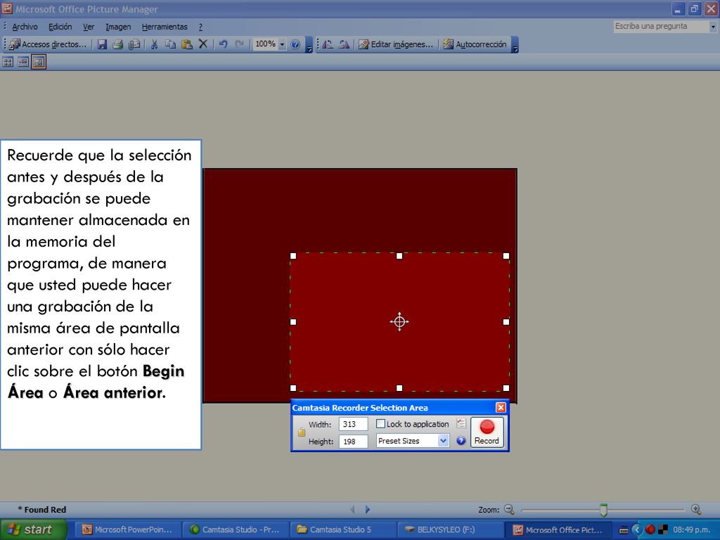 El cuadro de diálogo (Camtasia Recorder Selection Área), muestra en pulgadas y píxeles la altura y el ancho del cuadro punteado, además, con la cruz en medio del cuadro usted podrá mover toda la selección a su antojo, con sólo hacer clic sobre la cruz y arrastrar sosteniendo el clic