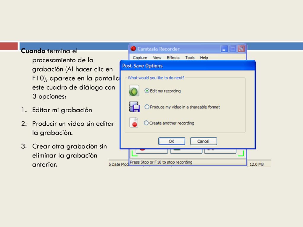 Cuando termina el procesamiento de la grabación (Al hacer clic en F10), aparece en la pantalla este cuadro de diálogo con 3 opciones: