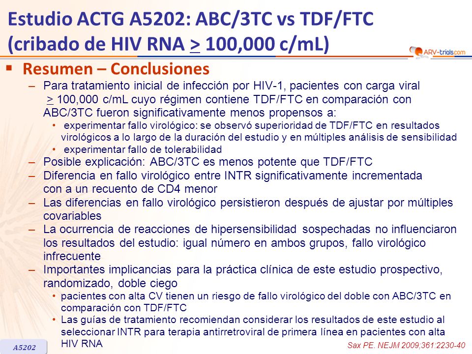 ARV-trial.com Estudio ACTG A5202: ABC/3TC vs TDF/FTC (cribado de HIV RNA > 100,000 c/mL) Resumen – Conclusiones.