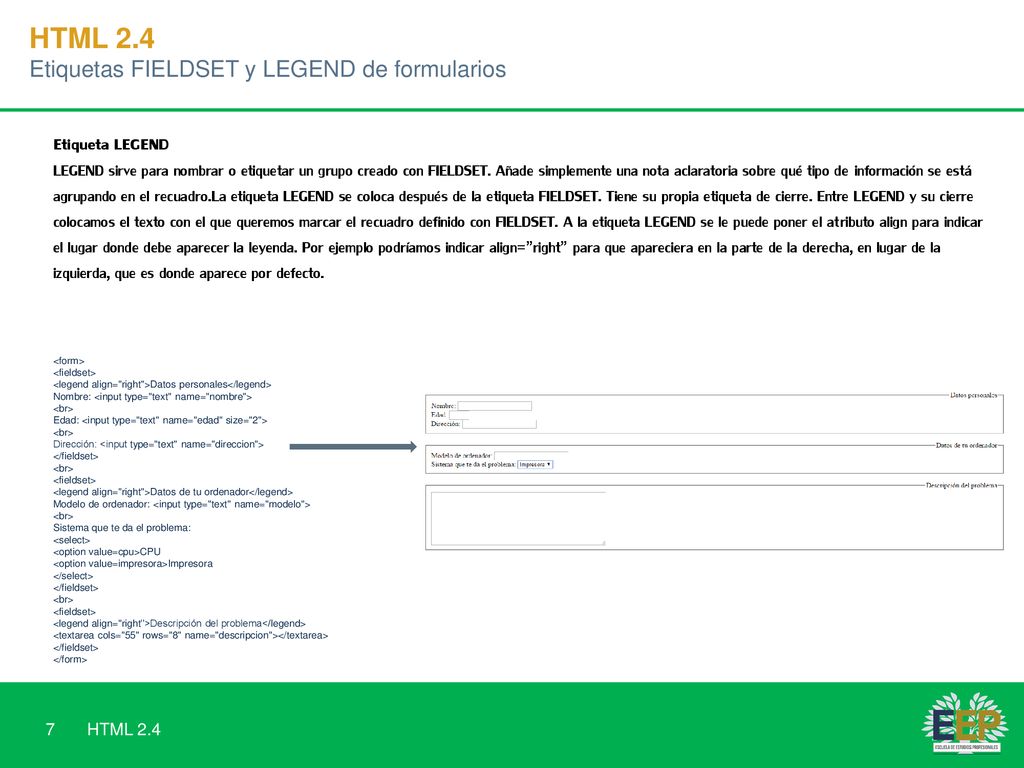 HTML 2.4 Etiquetas FIELDSET y LEGEND de formularios Etiqueta LEGEND