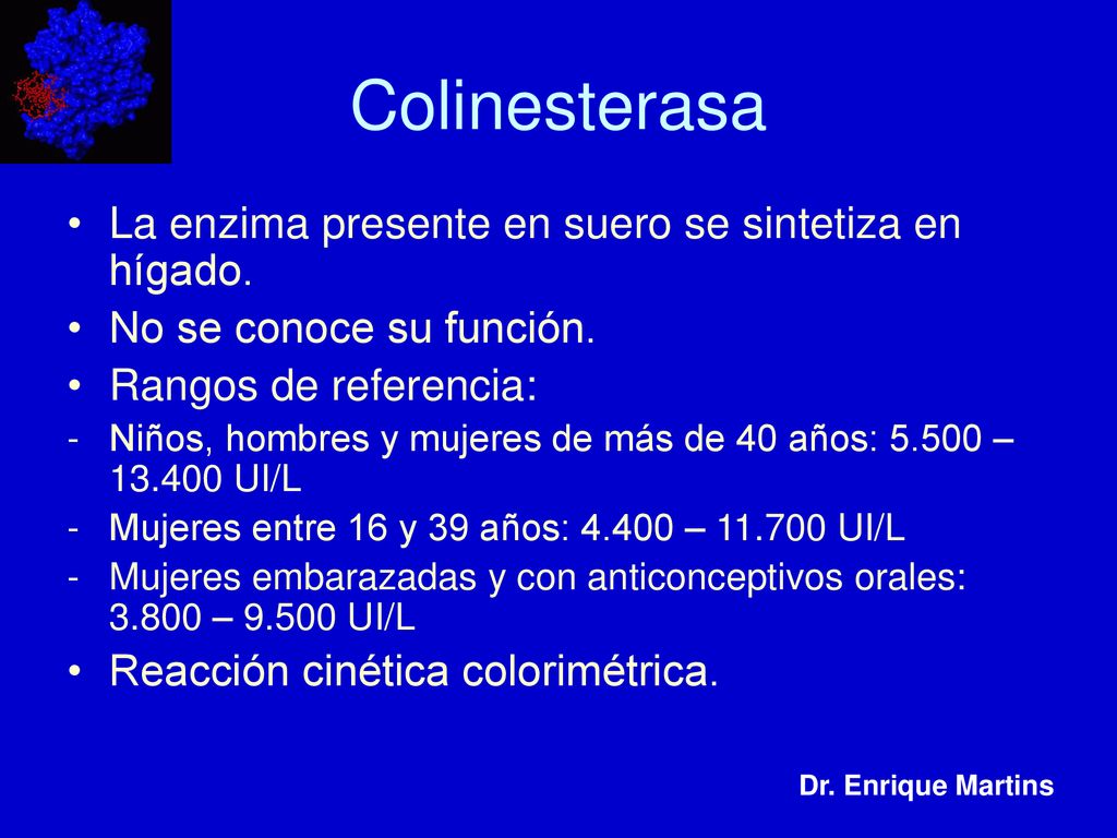 Colinesterasa La enzima presente en suero se sintetiza en hígado.