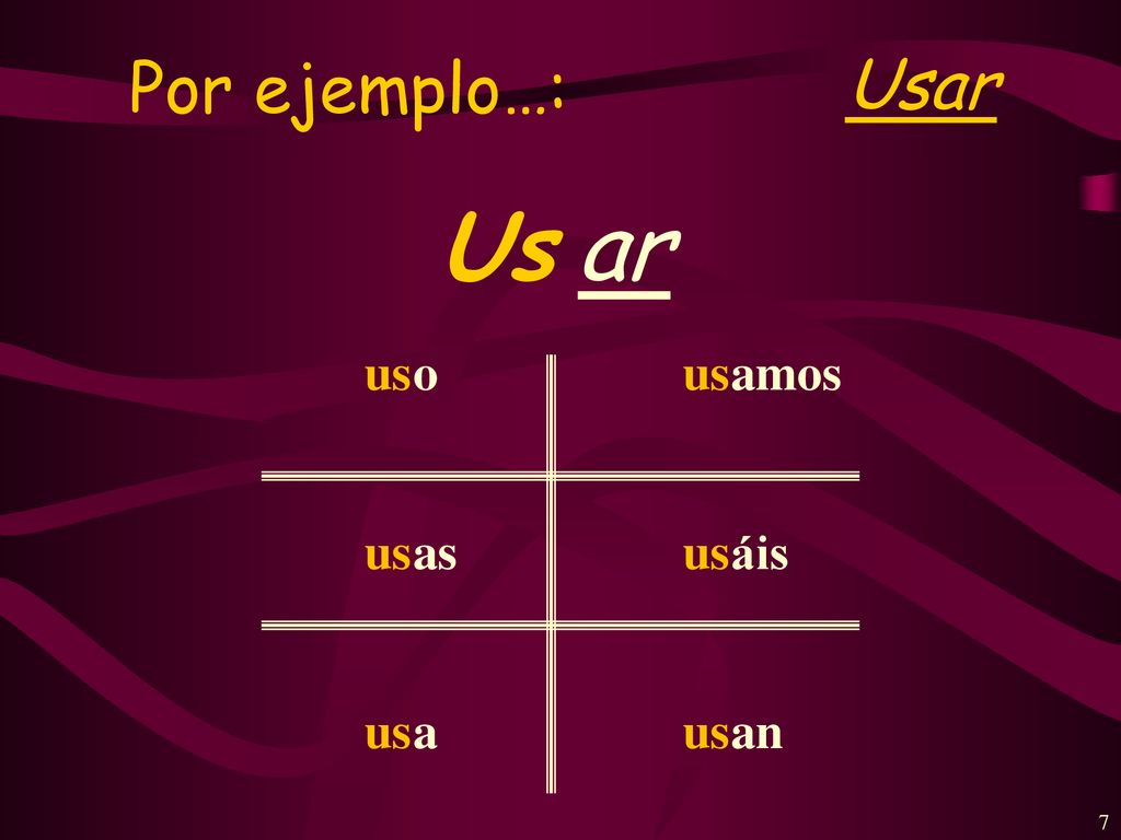 Por ejemplo…: Usar Us ar us o as a amos áis an