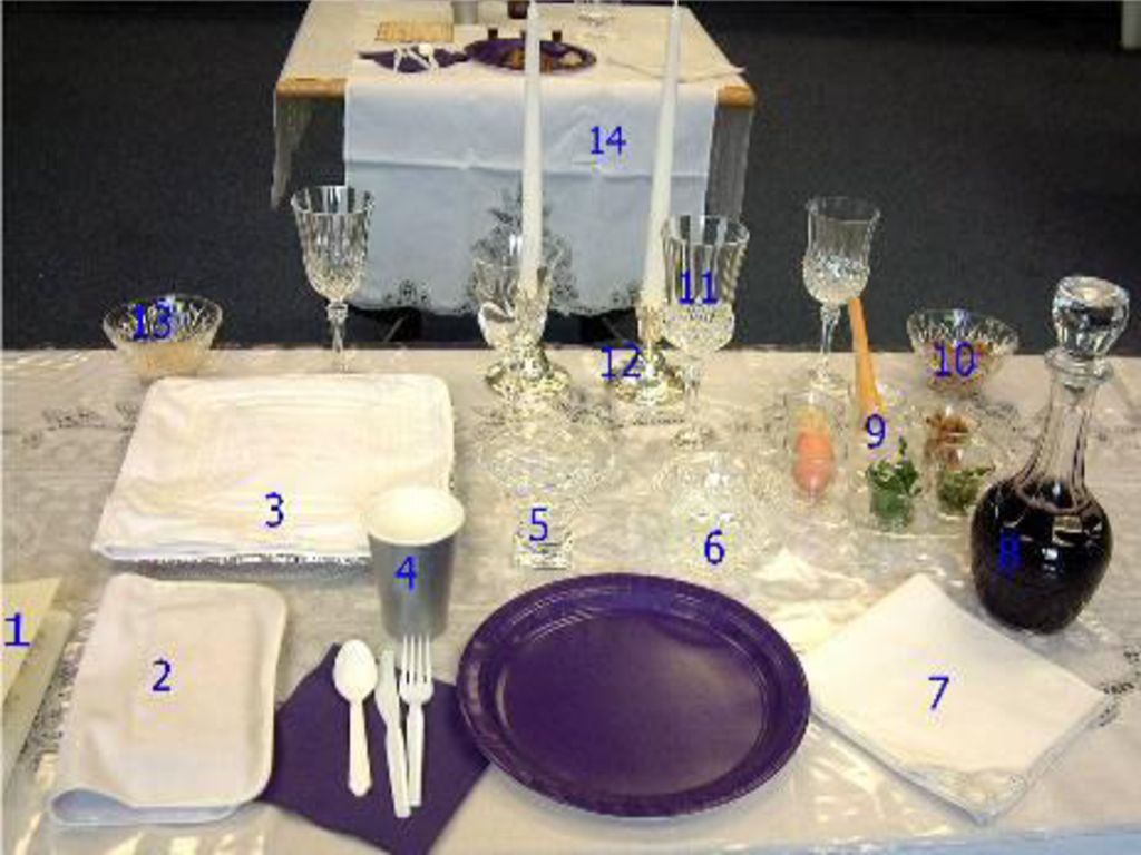 1) a leader s copy of the Seder Haggadah; 2) a special linen napkin with a pocket to hold the afikomen; 3) a linen bag with three compartments for the matzot, here placed on a special silver matzah plate; 4) a cup of drinking water; 5) a bowl of water for the ceremonial hand washing; 6) a bowl of salt water; 7) a napkin or towel; 8) carafe of wine or grape juice; 9) the Seder plate; 10) a bowl of charoset; 11) four glasses, one for each of the cups (a single glass can be used); here Elijah s cup is slightly larger; 12) two candlesticks with white candles; 13) a bowl of grated horseradish; 14) a table with a place setting for Elijah (optional).