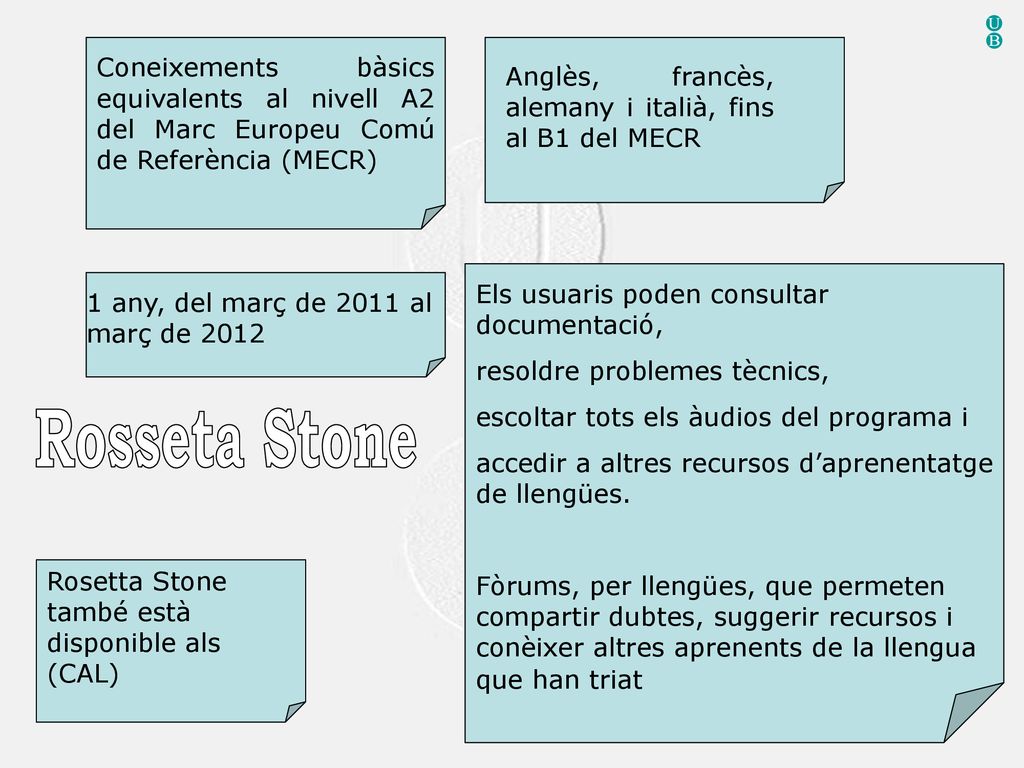 U B. Coneixements bàsics equivalents al nivell A2 del Marc Europeu Comú de Referència (MECR) Anglès, francès, alemany i italià, fins al B1 del MECR.