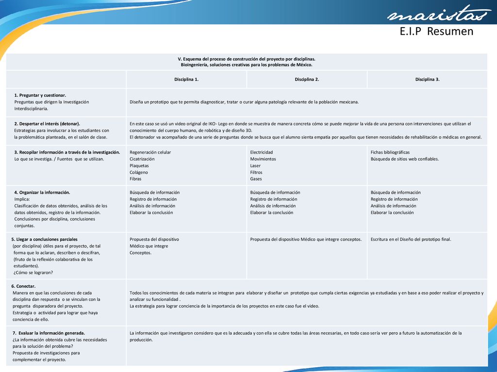 E.I.P Resumen V. Esquema del proceso de construcción del proyecto por disciplinas.
