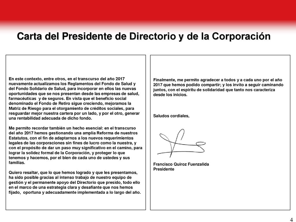 Carta del Presidente de Directorio y de la Corporación
