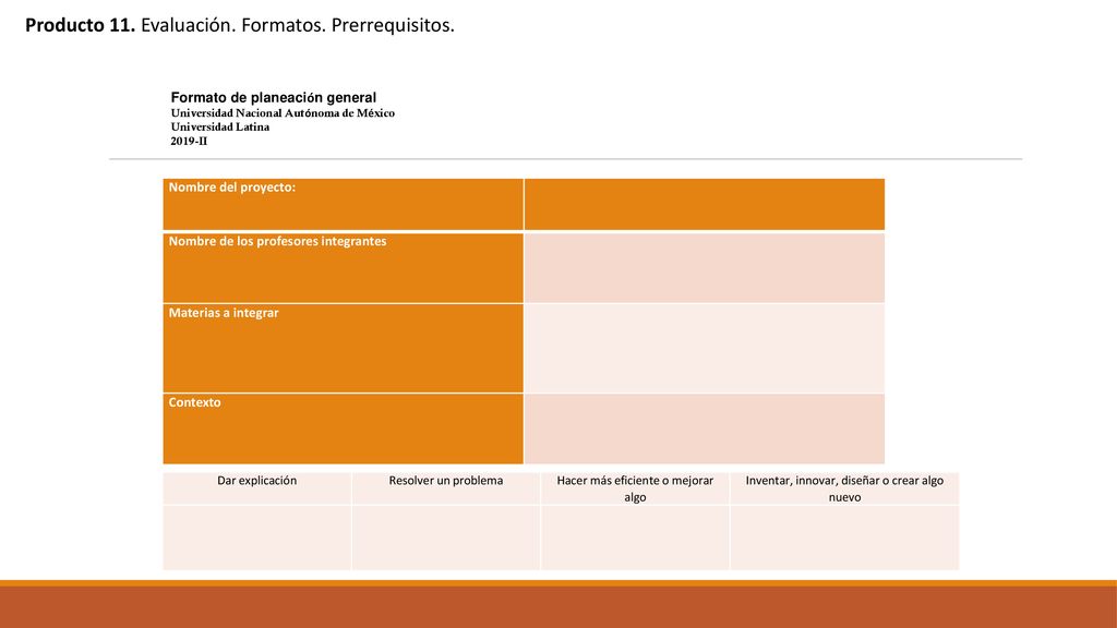 Producto 11. Evaluación. Formatos. Prerrequisitos.