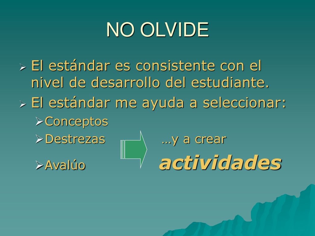NO OLVIDE El estándar es consistente con el nivel de desarrollo del estudiante. El estándar me ayuda a seleccionar: