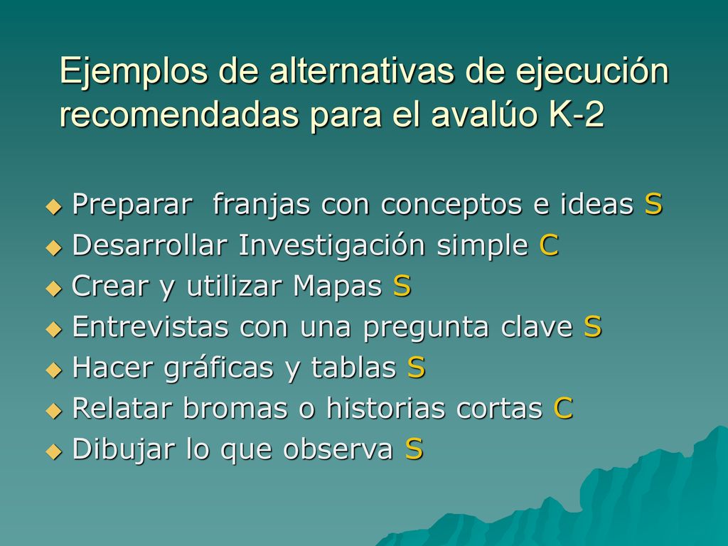 Ejemplos de alternativas de ejecución recomendadas para el avalúo K-2