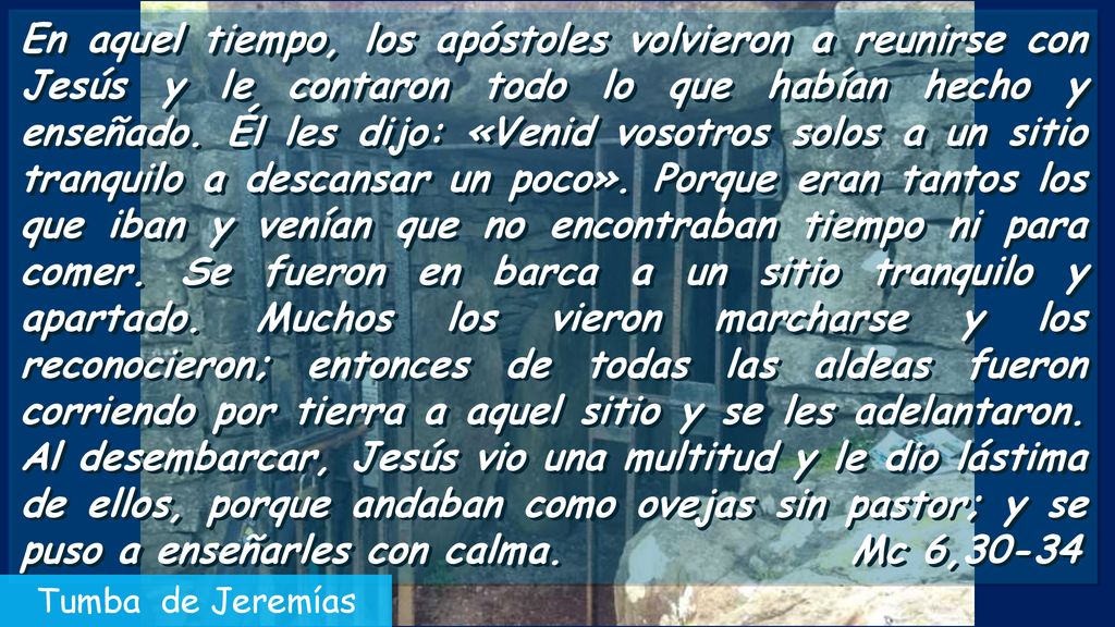 En aquel tiempo, los apóstoles volvieron a reunirse con Jesús y le contaron todo lo que habían hecho y enseñado. Él les dijo: «Venid vosotros solos a un sitio tranquilo a descansar un poco». Porque eran tantos los que iban y venían que no encontraban tiempo ni para comer. Se fueron en barca a un sitio tranquilo y apartado. Muchos los vieron marcharse y los reconocieron; entonces de todas las aldeas fueron corriendo por tierra a aquel sitio y se les adelantaron. Al desembarcar, Jesús vio una multitud y le dio lástima de ellos, porque andaban como ovejas sin pastor; y se puso a enseñarles con calma. Mc 6,30-34