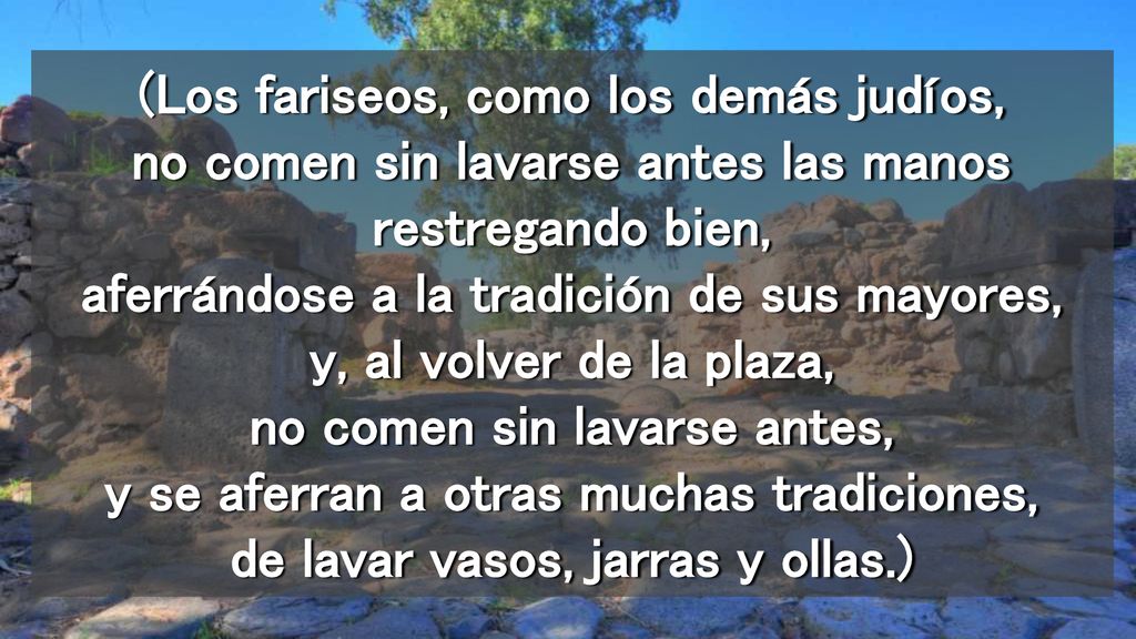 (Los fariseos, como los demás judíos, no comen sin lavarse antes las manos restregando bien, aferrándose a la tradición de sus mayores, y, al volver de la plaza, no comen sin lavarse antes, y se aferran a otras muchas tradiciones, de lavar vasos, jarras y ollas.)