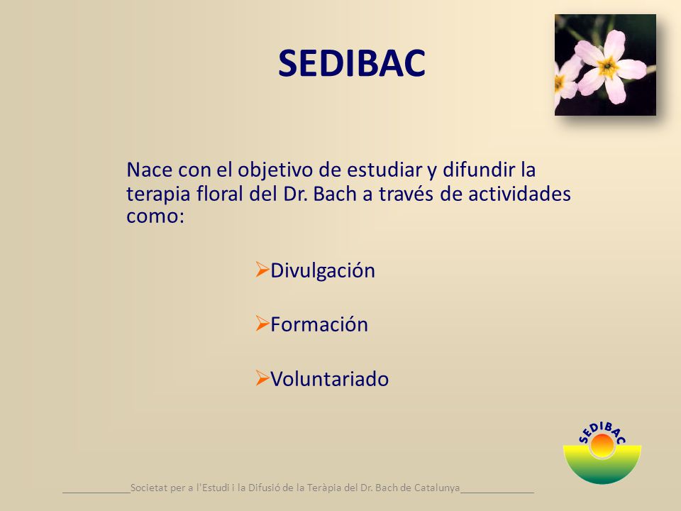 SEDIBAC Nace con el objetivo de estudiar y difundir la terapia floral del Dr. Bach a través de actividades como: