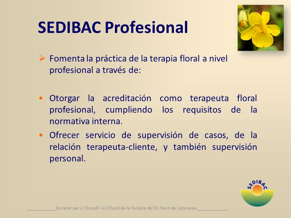 SEDIBAC Profesional Fomenta la práctica de la terapia floral a nivel profesional a través de: