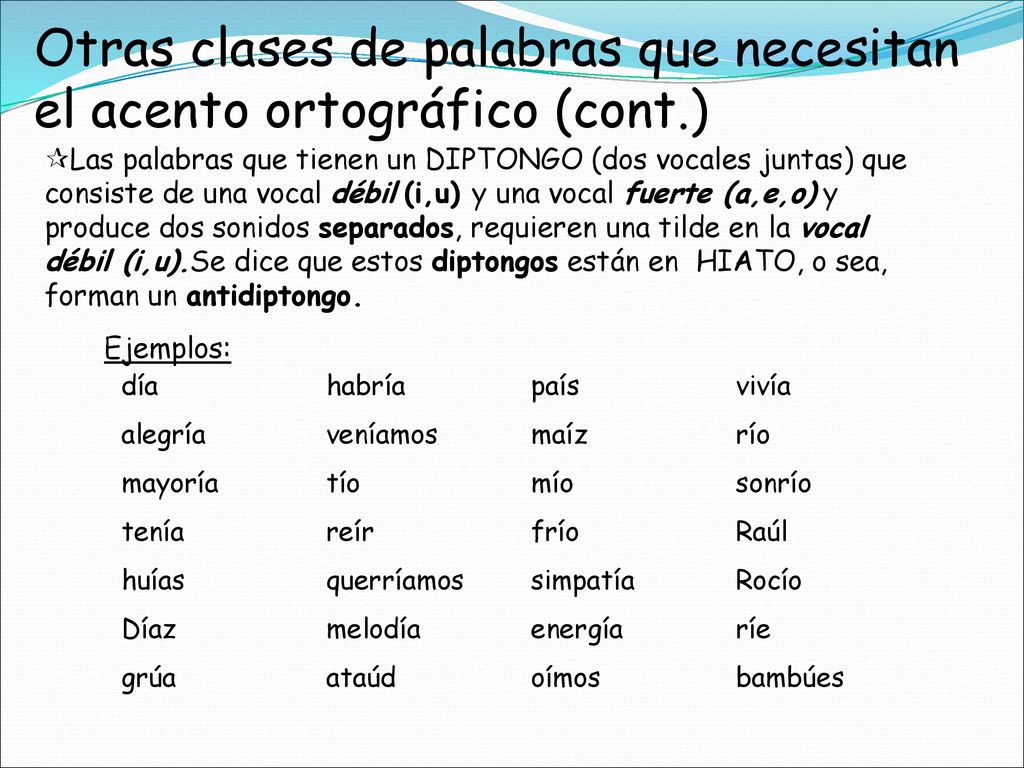 Otras clases de palabras que necesitan el acento ortográfico (cont.)