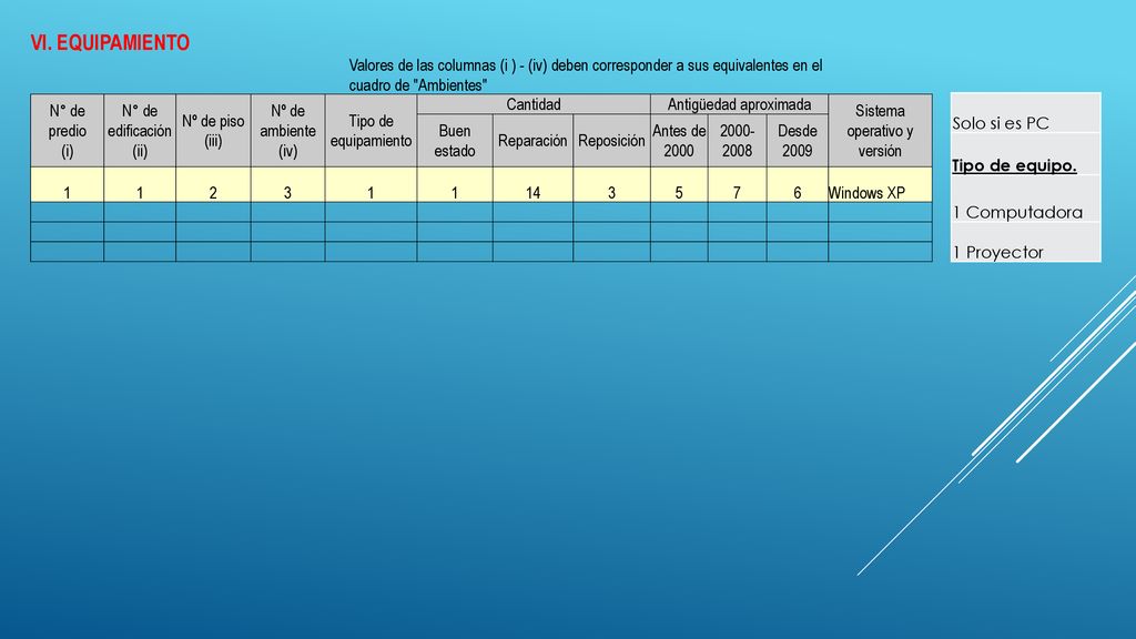 VI. EQUIPAMIENTO Valores de las columnas (i ) - (iv) deben corresponder a sus equivalentes en el cuadro de Ambientes