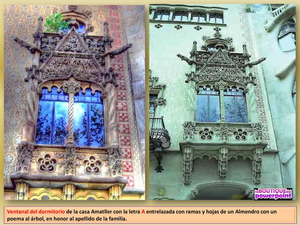 Ventanal del dormitorio de la casa Amatller con la letra A entrelazada con ramas y hojas de un Almendro con un poema al árbol, en honor al apellido de la familia.