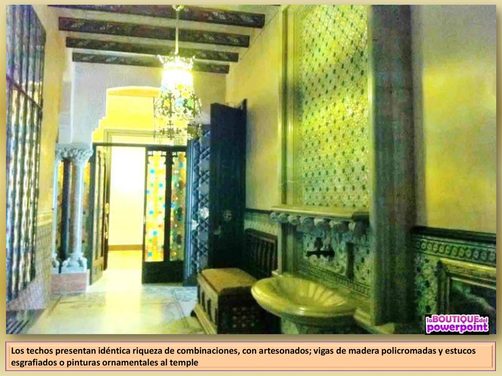Los techos presentan idéntica riqueza de combinaciones, con artesonados; vigas de madera policromadas y estucos esgrafiados o pinturas ornamentales al temple