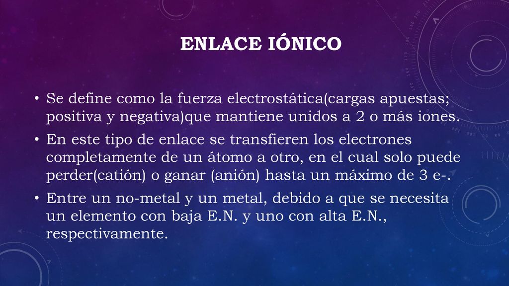 Enlace Iónico Se define como la fuerza electrostática(cargas apuestas; positiva y negativa)que mantiene unidos a 2 o más iones.
