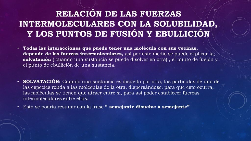 Relación de las fuerzas intermoleculares con la solubilidad, y los puntos de fusión y ebullición