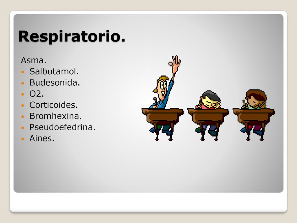 Respiratorio. Asma. Salbutamol. Budesonida. O2. Corticoides.
