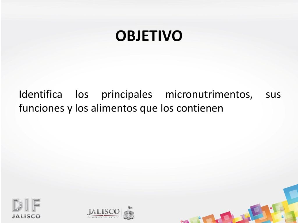 OBJETIVO Identifica los principales micronutrimentos, sus funciones y los alimentos que los contienen.
