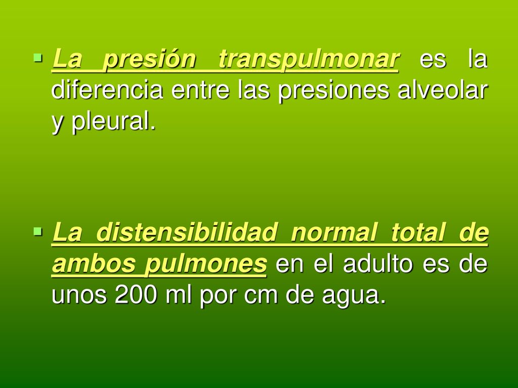 La presión transpulmonar es la diferencia entre las presiones alveolar y pleural.