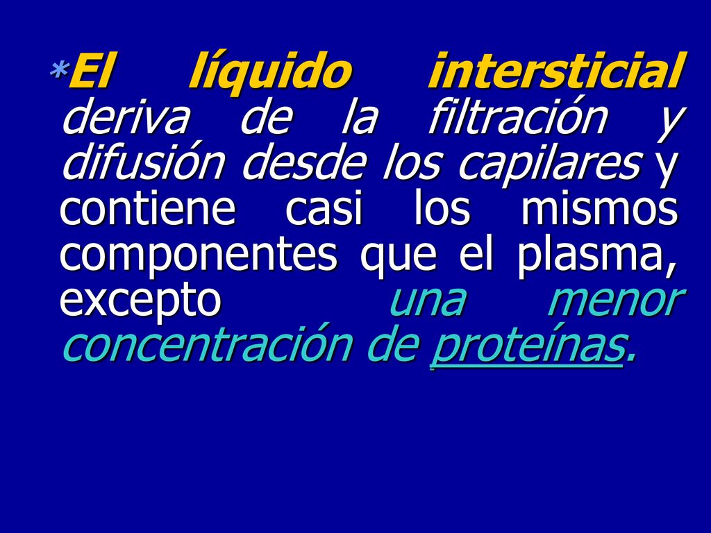 *El líquido intersticial deriva de la filtración y difusión desde los capilares y contiene casi los mismos componentes que el plasma, excepto una menor concentración de proteínas.