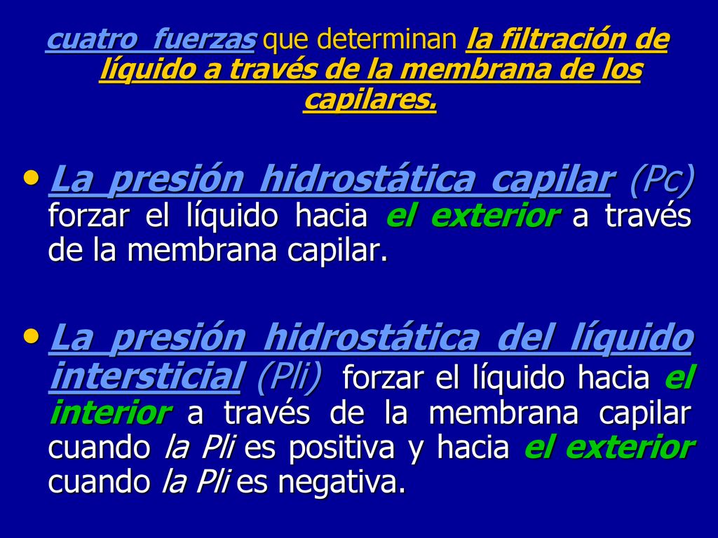 cuatro fuerzas que determinan la filtración de líquido a través de la membrana de los capilares.