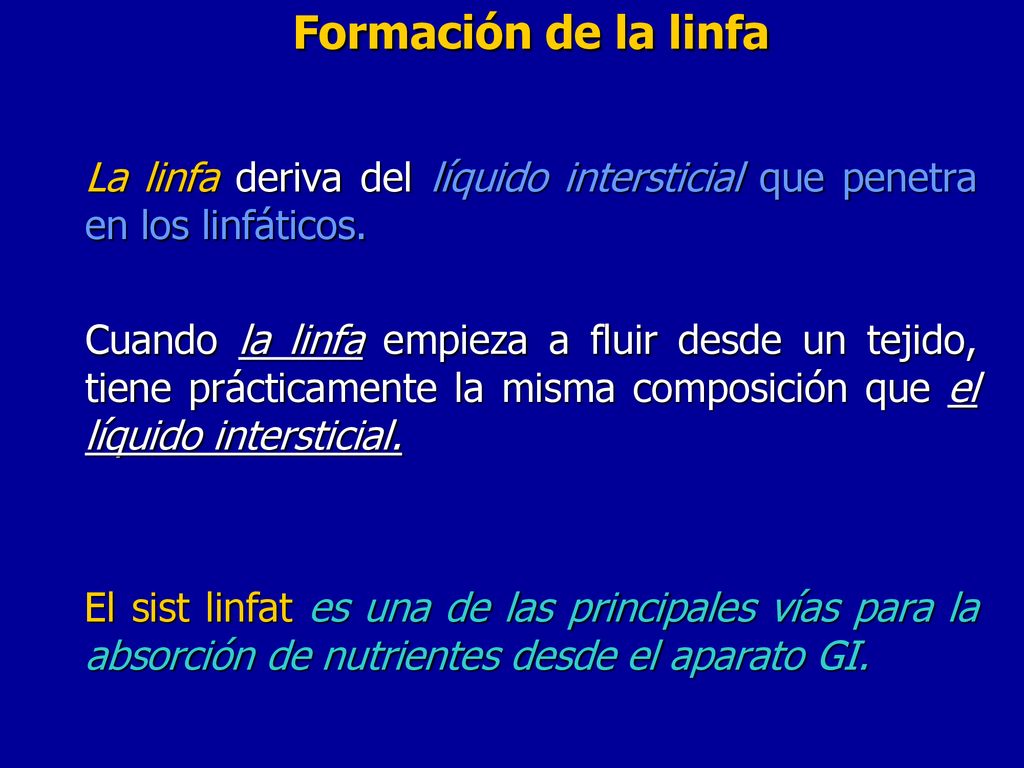 Formación de la linfa La linfa deriva del líquido intersticial que penetra en los linfáticos.