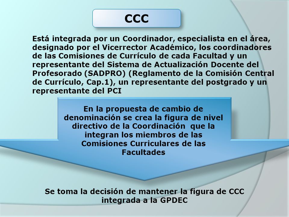 Se toma la decisión de mantener la figura de CCC integrada a la GPDEC