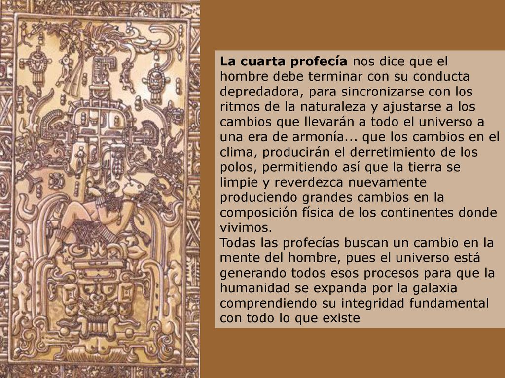 La cuarta profecía nos dice que el hombre debe terminar con su conducta depredadora, para sincronizarse con los ritmos de la naturaleza y ajustarse a los cambios que llevarán a todo el universo a una era de armonía...