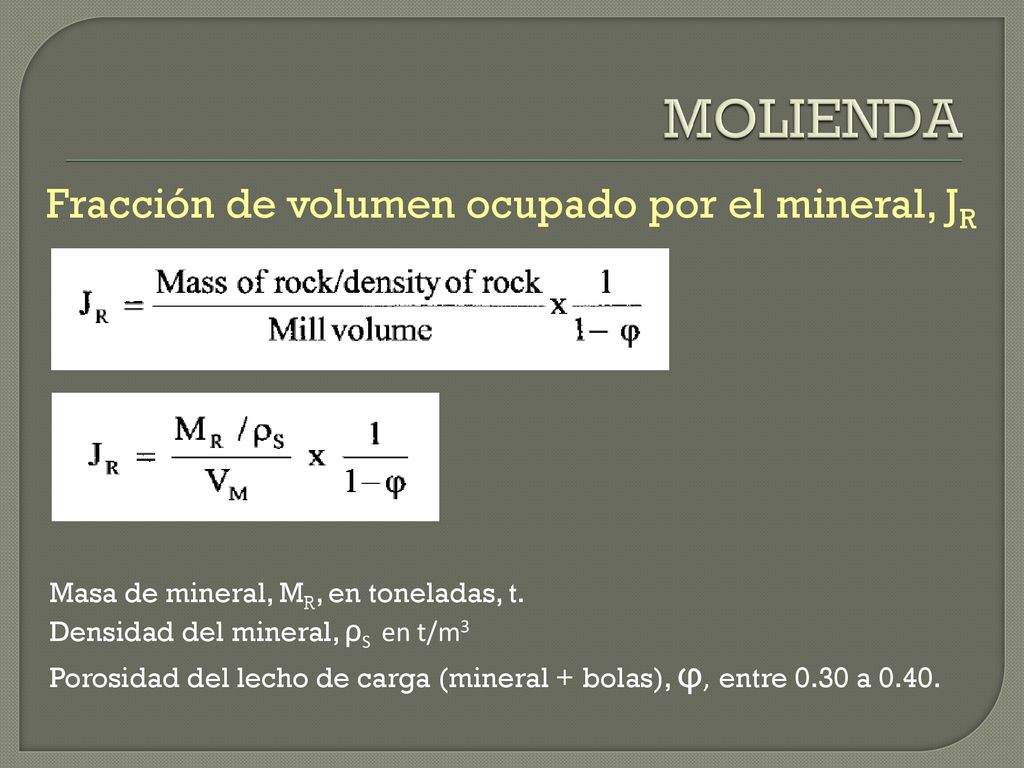 MOLIENDA Fracción de volumen ocupado por el mineral, JR