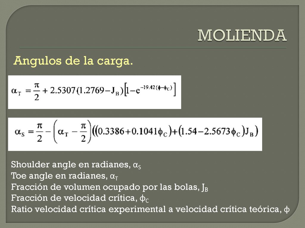 MOLIENDA Angulos de la carga. Shoulder angle en radianes, αS