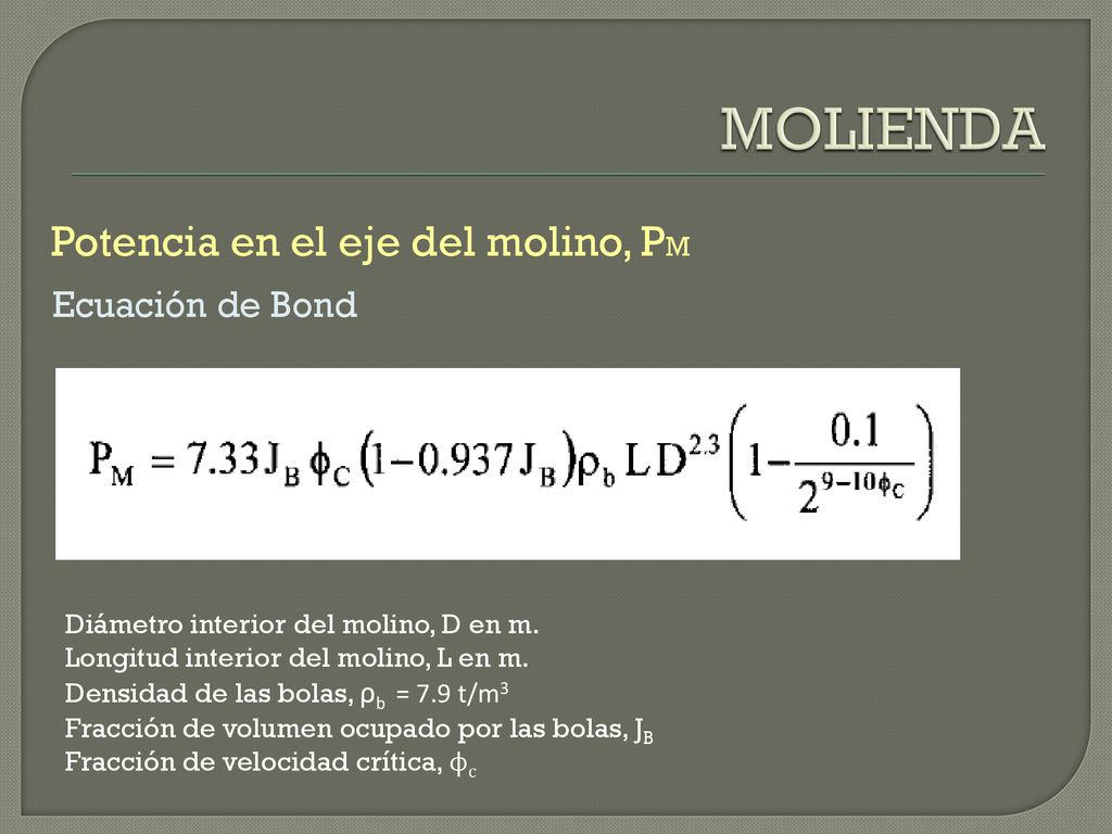 MOLIENDA Potencia en el eje del molino, PM Ecuación de Bond