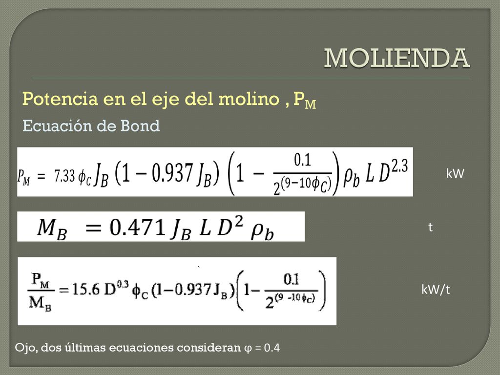 MOLIENDA Potencia en el eje del molino , PM Ecuación de Bond kW t kW/t