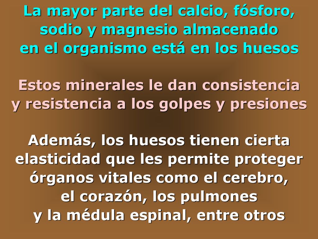 La mayor parte del calcio, fósforo, sodio y magnesio almacenado