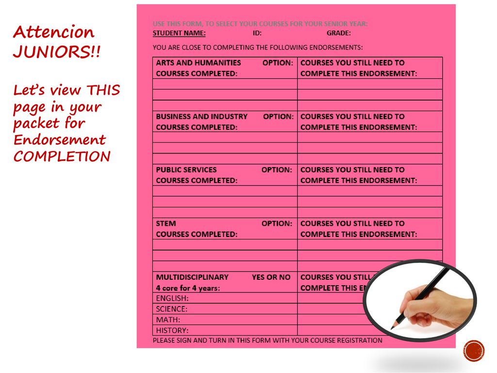 Attencion JUNIORS!! Let’s view THIS page in your packet for Endorsement COMPLETION