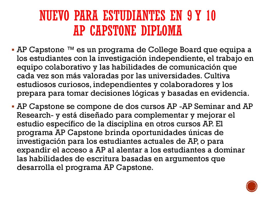 Nuevo para estudiantes en 9 y 10 ap capstone diploma