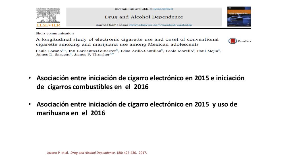 Asociación entre iniciación de cigarro electrónico en 2015 e iniciación de cigarros combustibles en el 2016